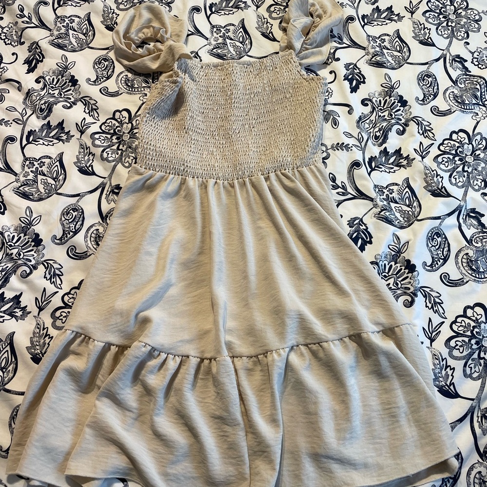 Beige Smocked Dress with Ruffle Sleeves